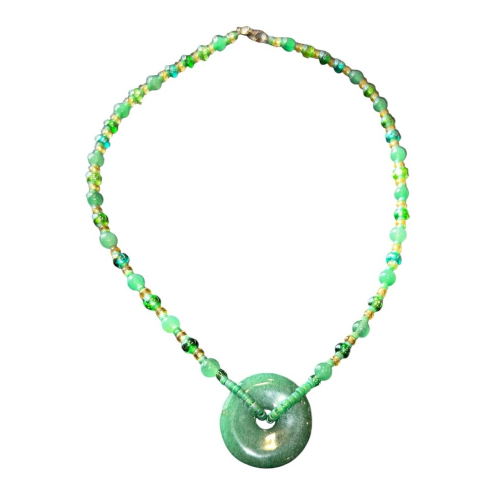 Green Glass and Jade Beaded Necklace with Circular Jade Pendant J25